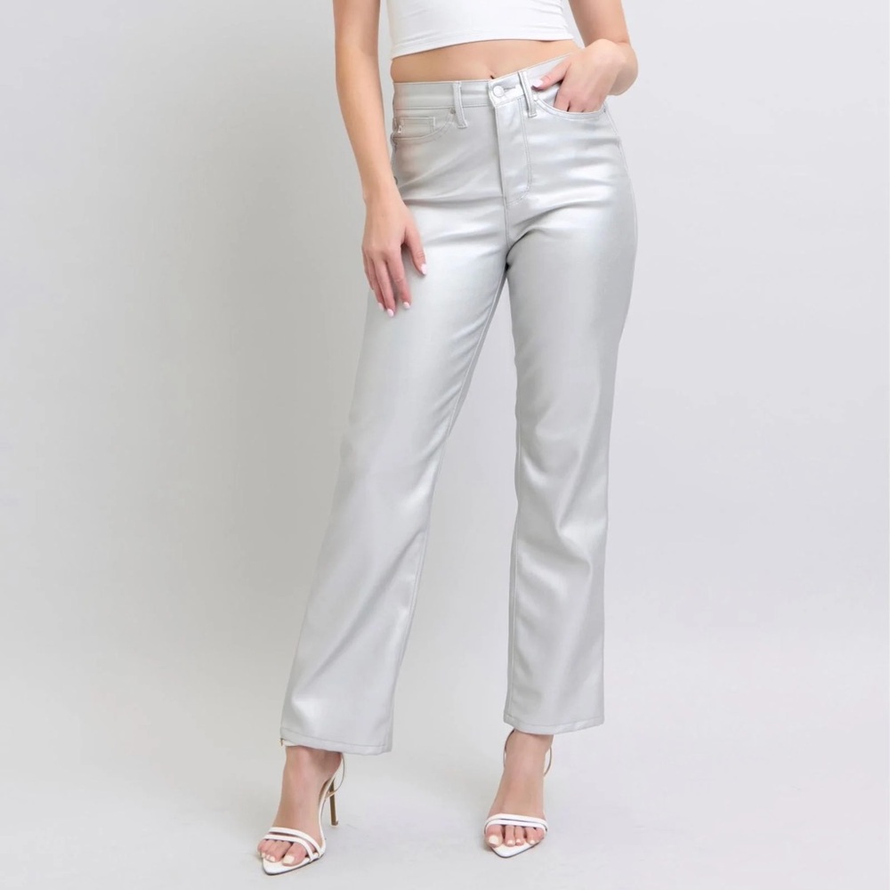NWOT Judy Blue Straight Faux Leather Pants In Silver 20W Y2K Edgy Nightlife - Picture 1 of 10